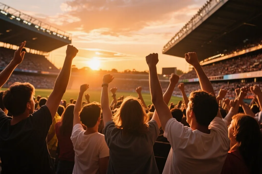 体育迷在日落时分的体育场中欢呼，为weilai体育品牌加油